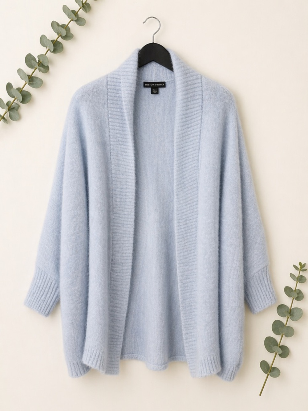 Boston Proper Blue Fuzzy Open Cardigan Sweater M/L Cozy Soft Draped